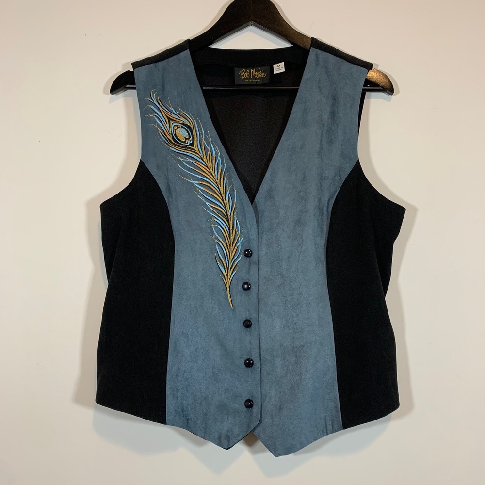 VTG Bob Mackie Wearable Art M Blue Suede Vest Embroidery Peacock Feather Artsy